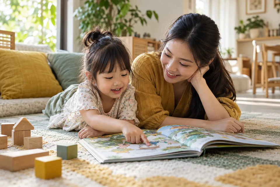 Illustrative scene of a parent and preschool child sharing a picture book at home